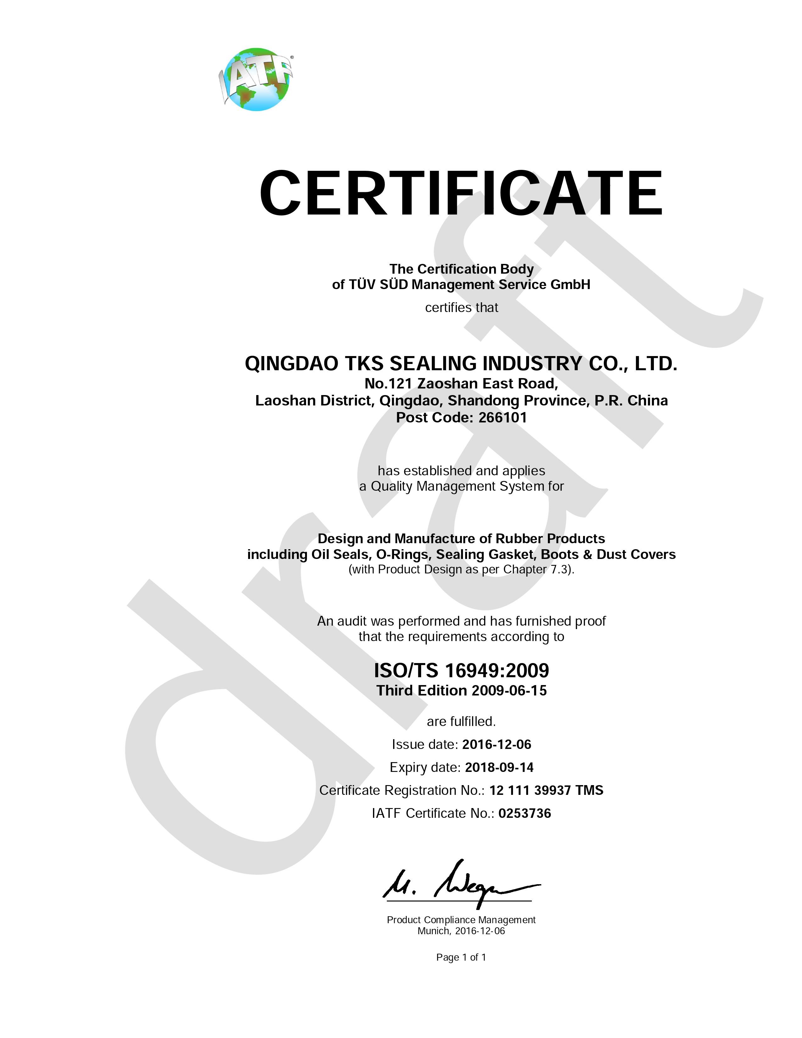 Chine Qingdao Global Sealing-tec co., Ltd Certifications